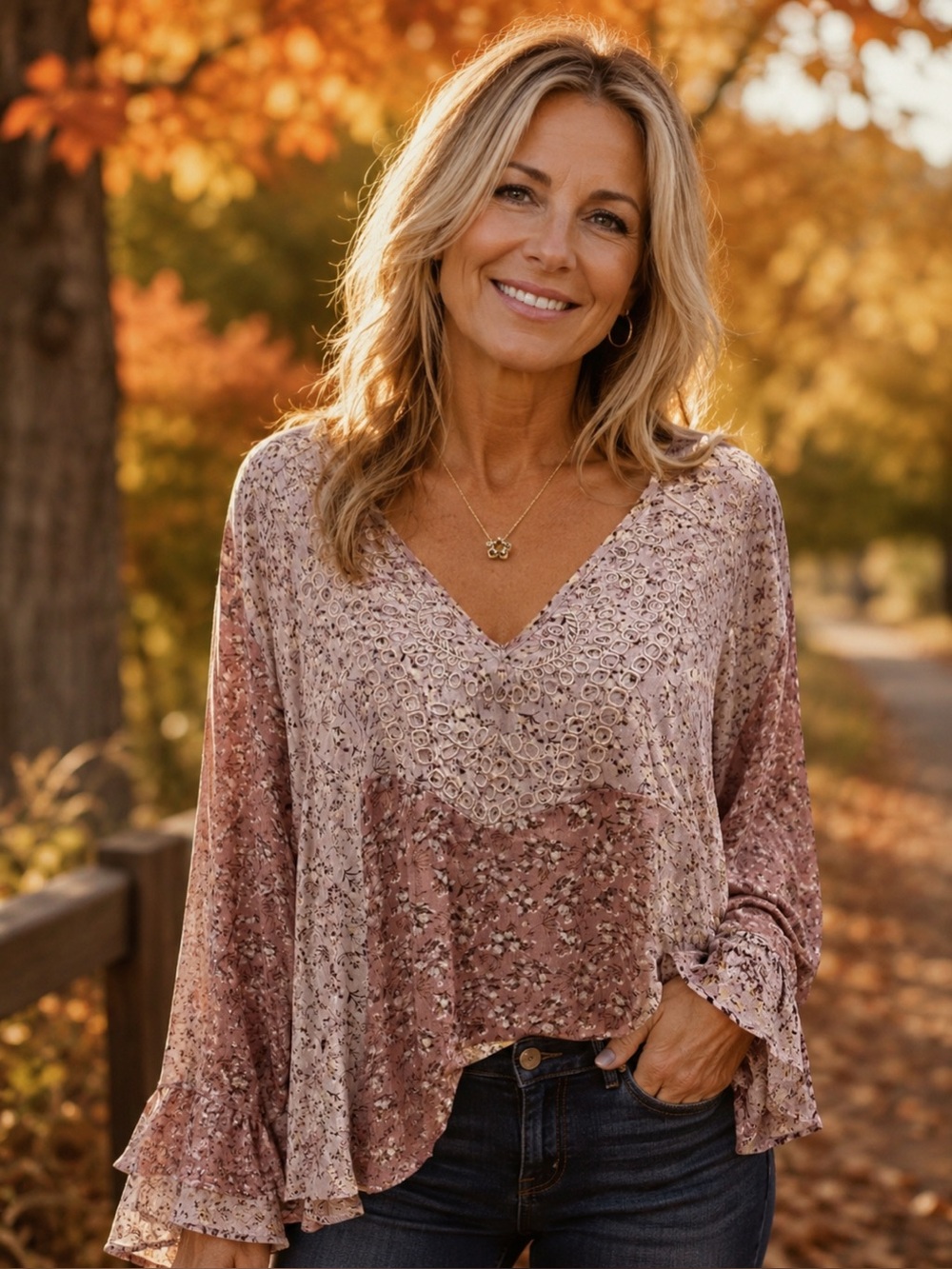 Women's V-Neck Floral Tunic Top in Dusty Rose - Picture 3 of 10